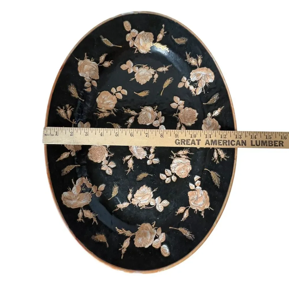VTG Chinoiserie Polychrome Black‎ Gold Gilt Rose Floral Porcelain Platter Large
